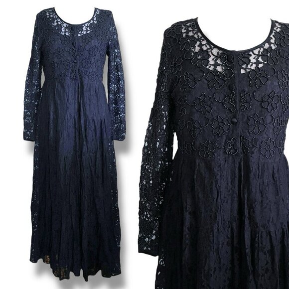 Vintage Dresses & Skirts - Vintage 90s Divine Sarah Womens Dress Medium Black Beaded Lace Maxi Whimsigoth